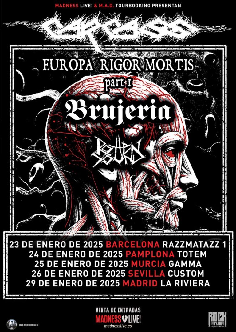 Conciertos de CARCASS, BRUJERÍA y ROTTEN SOUND en España 2025