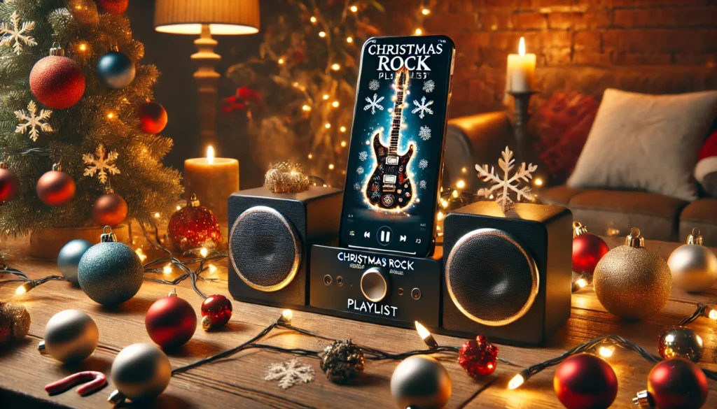 Smartphone playing a playlist of Christmas rock songs.