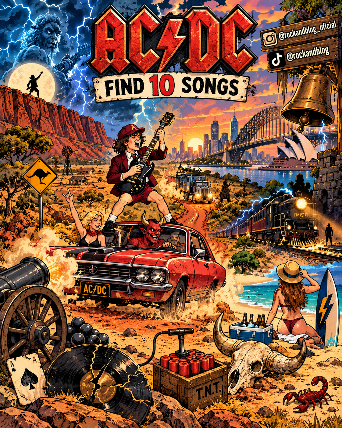 Ilustración con 10 canciones de AC/DC escondidas para el juego de Rock and Blog