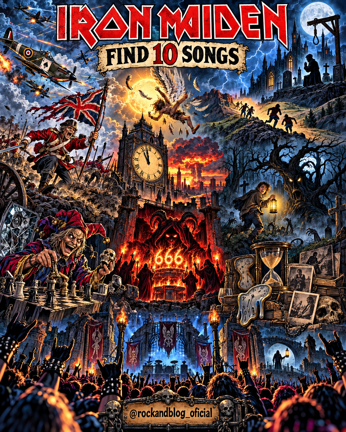 Ilustración con 10 canciones de Iron Maiden escondidas para el juego de Rock and Blog