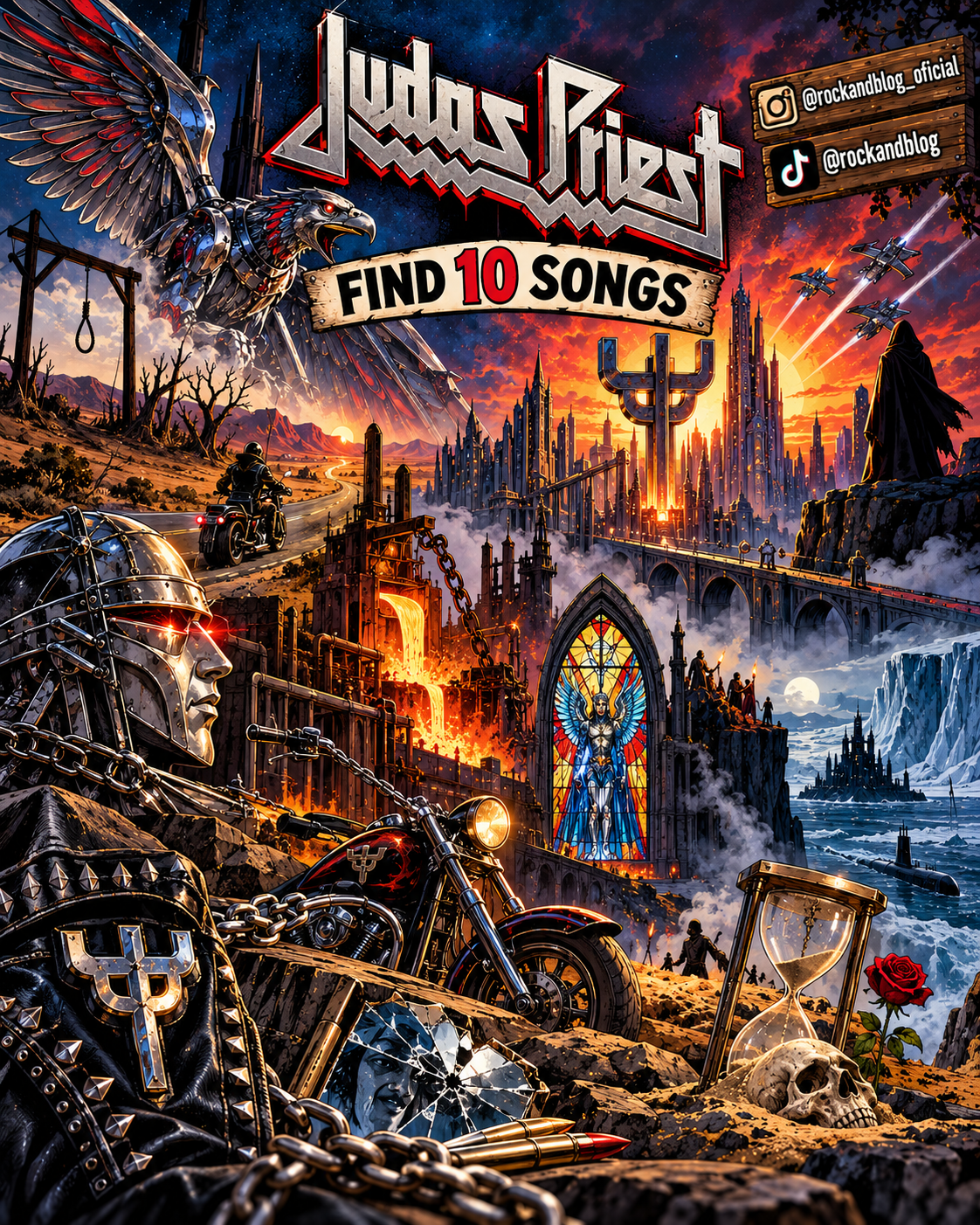 Ilustración con 10 canciones de Judas Priest escondidas para el juego de Rock and Blog