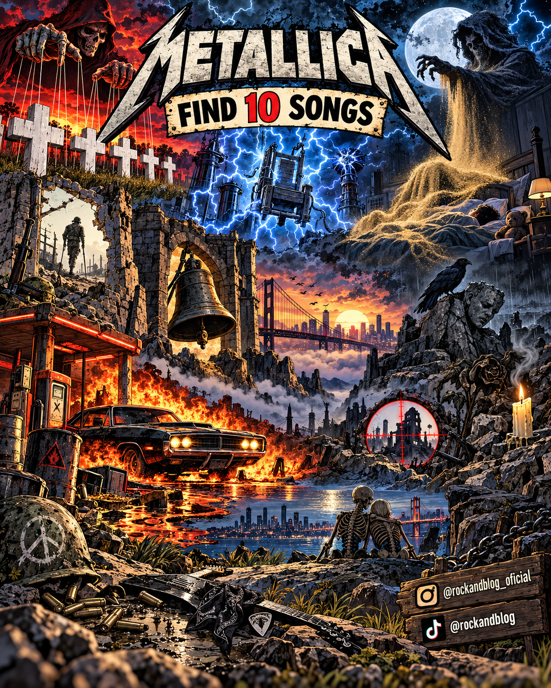 Ilustración con 10 canciones de Metallica escondidas para el juego de Rock and Blog