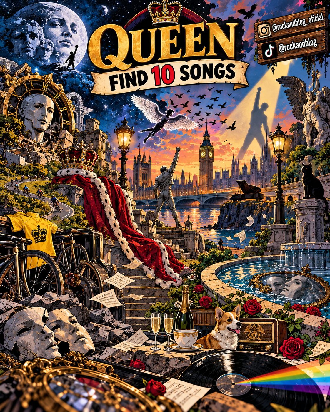 Ilustración con 10 canciones de Queen escondidas para el juego de Rock and Blog